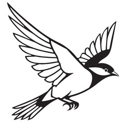 Flying songbird icon in black and white. Minimalist vector graphic of a small bird in flight. BIRD BW-01.