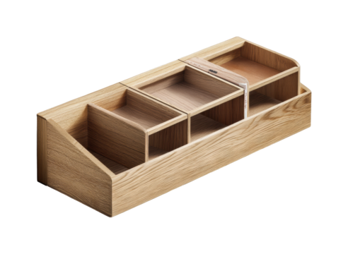 Organizing action wooden desktop organizer home office furniture minimalist top view efficiency isolated on transparent background, png