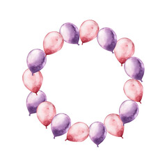 Foil red and purple balloons wreath, frame. Watercolor pastel cotton candy. Hand drawn illustration isolated on background, transparent png. Cartoon illustration. Baby shower design elements. Party