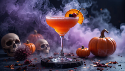 Halloween cocktail celebration spooky bar drink photography atmospheric setting close-up festive theme