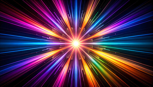Energetic burst of vibrant colorful light ray on an abstract background. This neon starburst design shows powerful explosion of energy and motion with bright flare