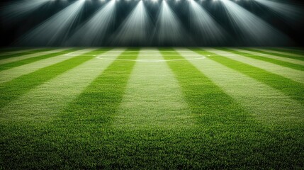 The empty soccer stadium features vibrant green grass illuminated by bright stadium lights during an evening setting