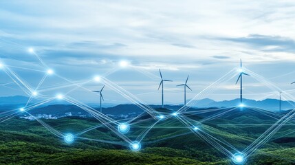 Futuristic landscape features wind turbines and energy charts, representing innovative renewable energy solutions for sustainable growth