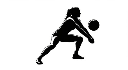 Silhouette of female volleyball player skillfully bumps the ball in monochrome vector illustration