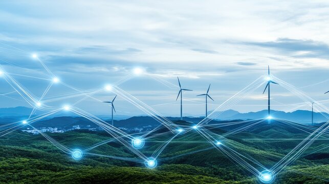 Futuristic landscape features wind turbines and energy charts, representing innovative renewable energy solutions for sustainable growth - Powered by Adobe