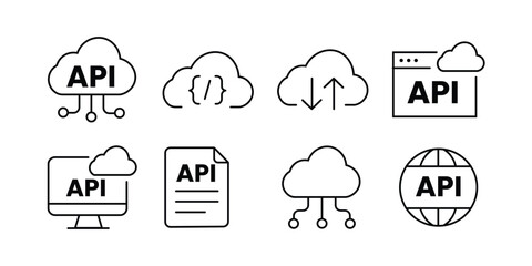 Modern cloud API icons vector illustration isolated on white background. api, cloud, data, technology, integration, software, connection icon