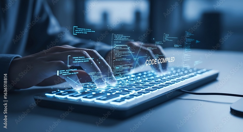 Poster human hands interact with a luminous keyboard, processing digital information in a futuristic enviro