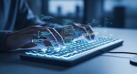 Human hands interact with a luminous keyboard, processing digital information in a futuristic environment.