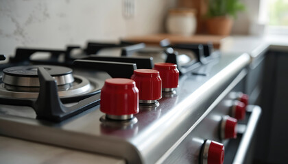 Obraz premium Modern kitchen features stainless steel gas stove with bold red control knobs. Sleek design enhances culinary preparation. Ideal for home cooking, pro chefs, contemporary kitchen interiors.