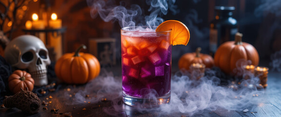Spooky halloween cocktail cozy home bar beverage photography festive atmosphere close-up party concept