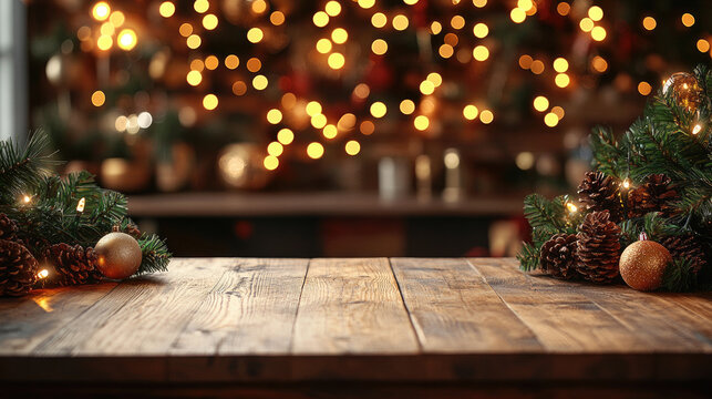 Empty wooden board on a cozy Christmas kitchen background with glowing garlands, warm festive lights, and seasonal decorations, perfect for holiday cooking and celebration themes. Banner copy space