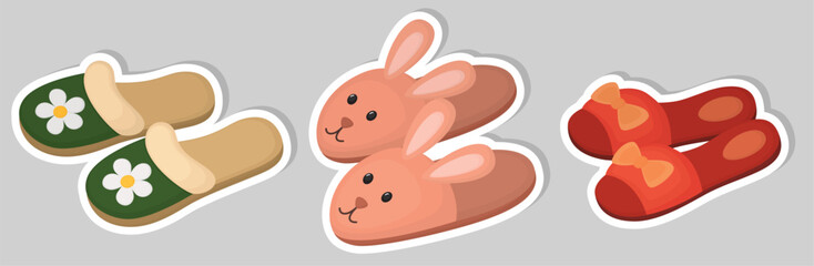 Sticker set with cozy home slippers. Colorful female comfortable footwear isolated on gray background	