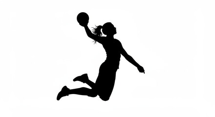 Dynamic silhouette of a female handball player in mid air action shooting the ball