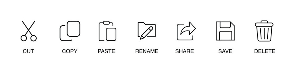 Essential digital action icons cut copy paste rename share save delete for modern interface design. vector illustraiton