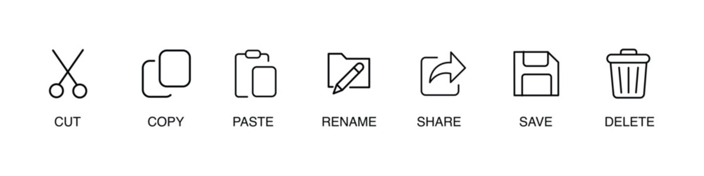 Essential digital action icons cut copy paste rename share save delete for modern interface design. vector illustraiton