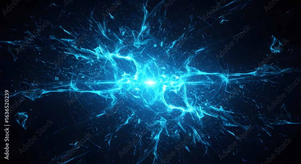 Poster abstract blue energy explosion with shards and light emanating from a central point on dark backgrou