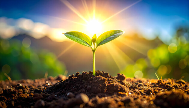 Young green plant seedling showing new growth from earth. Bright beautiful sunlight in nature creates feeling of hope for new life and fresh beginning