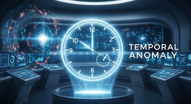 A glowing holographic clock hovers in a high-tech control room, signaling a temporal anomaly.
