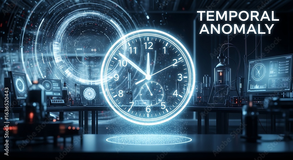 Poster a luminous clock face hovers in a futuristic lab, symbolizing a temporal disruption within advanced 