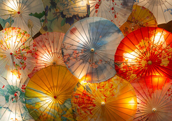 colorful traditional Chinese paper umbrellas as decoration