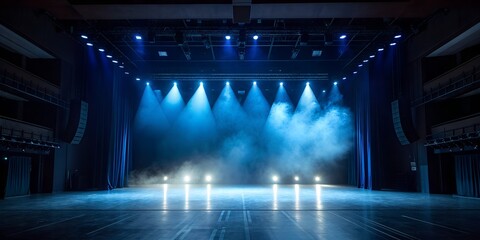 Obraz premium Empty concert stage illuminated by blue spotlights and smoke
