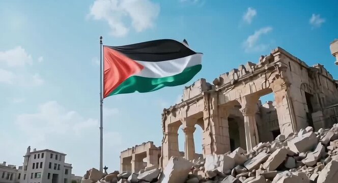 a Palestinian flag waving against a bright sky, atop the rubble of a damaged stone building in Gaza.