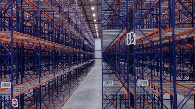 Interior of modern warehouse with empty racking system 