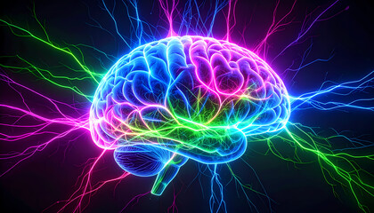 Abstract human brain with glowing neon energy, powerful concept of intelligence and mind. Colorful electric lightning represents thought, creativity, and brainstorming