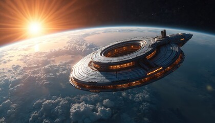 Futuristic luxury space hotel orbits Earth, offering breathtaking cosmic views, exclusive comfort. Multilayered resort, bathed in vibrant sunlight, provides serene celestial holiday experience above