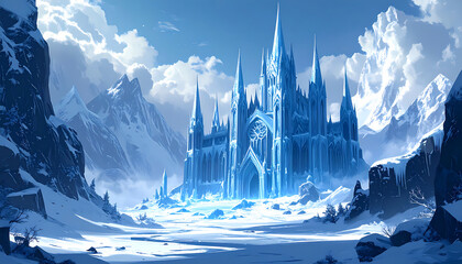 Majestic, glowing fantasy ice castle made of magical blue crystal sits in frozen winter landscape. This cold fortress in snowy mountain valley evokes sense of mystery