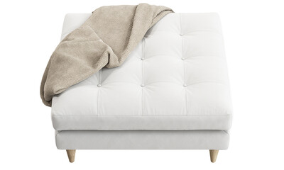 Midcentury tufted white fabric upholstery ottoman with knitted throw plaid. 3d render.