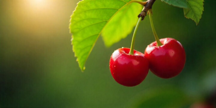 Two ripe red cherries hanging from a branch with green leaves