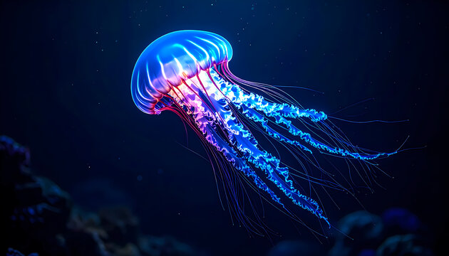 Vibrant bioluminescent jellyfish floating gracefully in deep blue sea. This serene aquatic marine animal with long tentacles glows with neon purple and blue light in dark water - Powered by Adobe