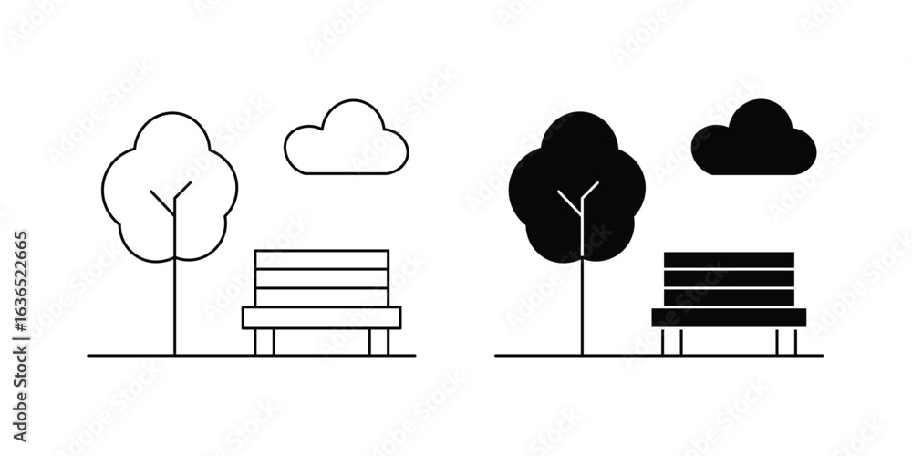 Poster simple park scene with bench and tree, outlined and solid fill versions icon set vector illustration