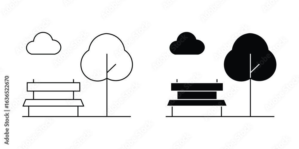 Poster simple park scene with bench and tree, outlined and solid fill versions icon set vector illustration