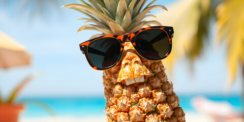 The playful pineapple wearing stylish sunglasses in a vibrant summer setting