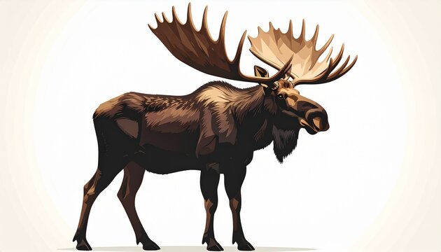 A majestic bull moose with impressive, broad antlers stands tall, rendered in a striking flat vector illustration style, embodying the wild grandeur of North American wildlife