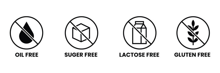 oil, sugar, lactose, and gluten free icon vector illustration. icons for food dietary supplement labeling. 