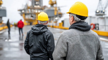 Construction workers wearing yellow helmets on industrial site