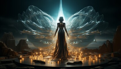 Obraz premium Holy girl with angel wings looks down sadly