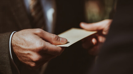 Business card exchange with handshake and formal suit in office