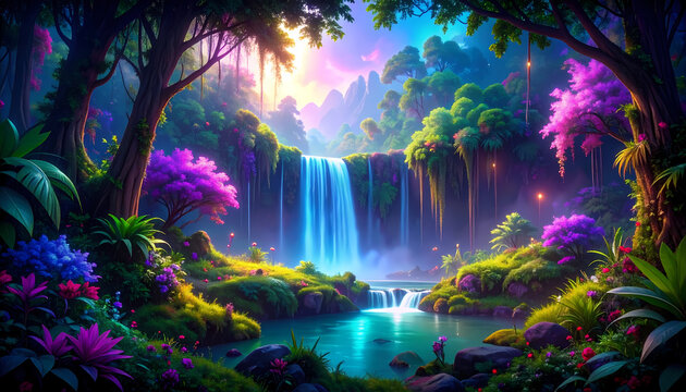 Serene magical waterfall in an enchanted forest. This fantasy landscape has glowing river, vibrant flower, and colorful trees creating peaceful, dreamlike scene
