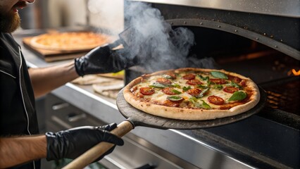 Professional pizza chef holding wooden peel with freshly baked pizza, representing culinary expertise, authentic flavors, and Italian cuisine tradition