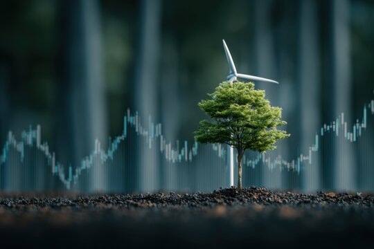 Oil Price Increase Graph Overlaying Renewable Energy Symbol With Tree and Wind Turbine
