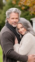 Fototapeta premium A smiling couple stands side by side, radiating happiness in their garden, dressed elegantly for a casual outing, enjoying each other's company