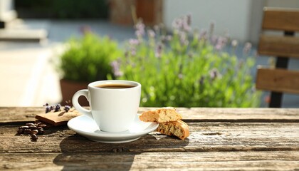 Fototapeta premium Coffee Break Biscotti and Tranquil Outdoor Setting