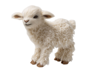 PNG of Adorable woolly lamb standing on four legs, showcasing its soft, fluffy coat and playful expression. - on Transparent or White BG