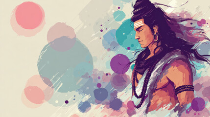 Spiritual Krishna with long hair and beads colorful abstract background