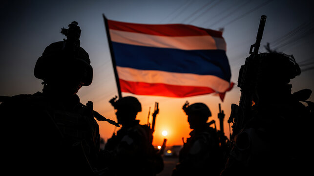 Silhouettes of soldiers with rifles and waving thai flag at sunset