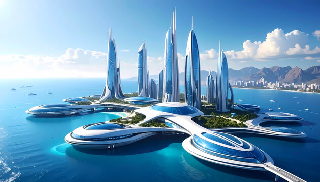 Visionary and hopeful concept of futuristic city with modern architecture. This utopian island metropolis with skyscraper sits peacefully in blue ocean with advanced technology